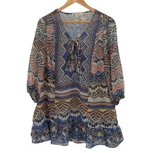 Unity semi sheer boho lace up peplum tunic top size 1x